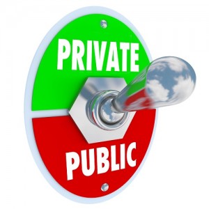 Private vs Public words on a toggle switch to flip between privacy and shared information on a website or other channel or system for communication