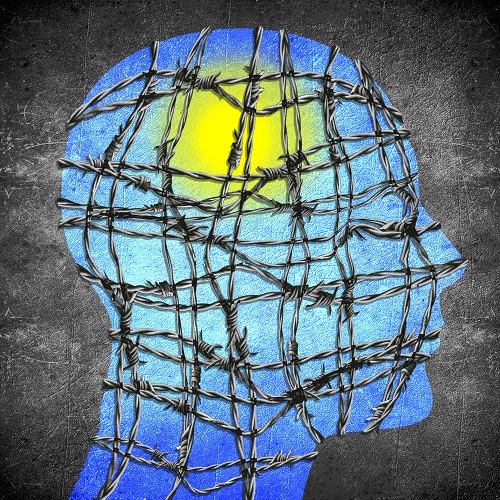 head silhouette with barbedwire sun and blue sky digital illustration
