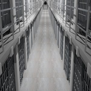 Rows of prison cells, prison interior.